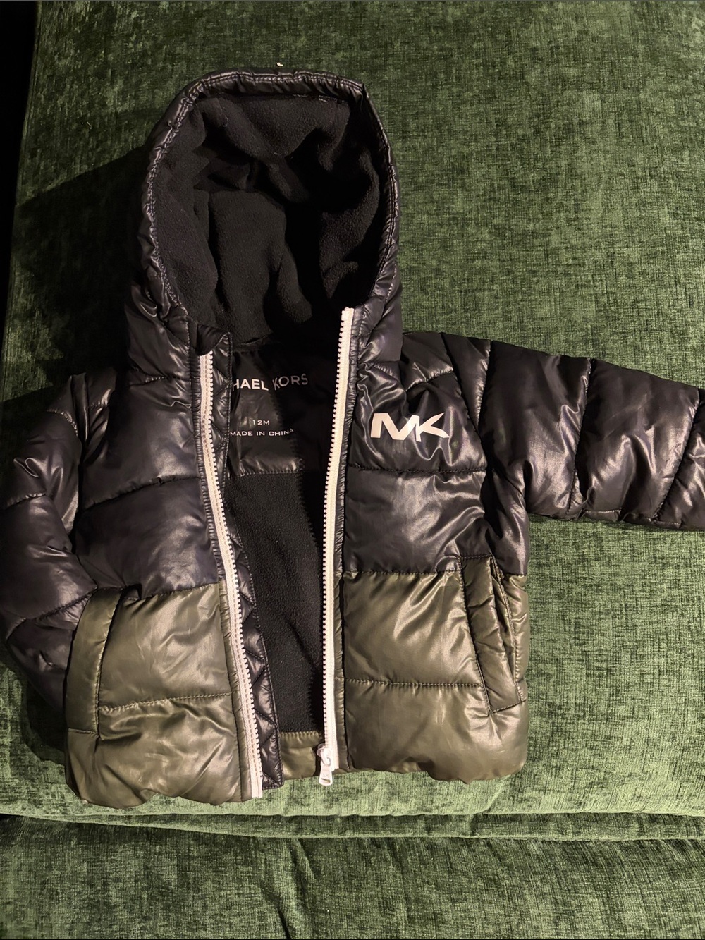 Michael Kors Kids Two-Tone Black and Olive Puffer Jacket